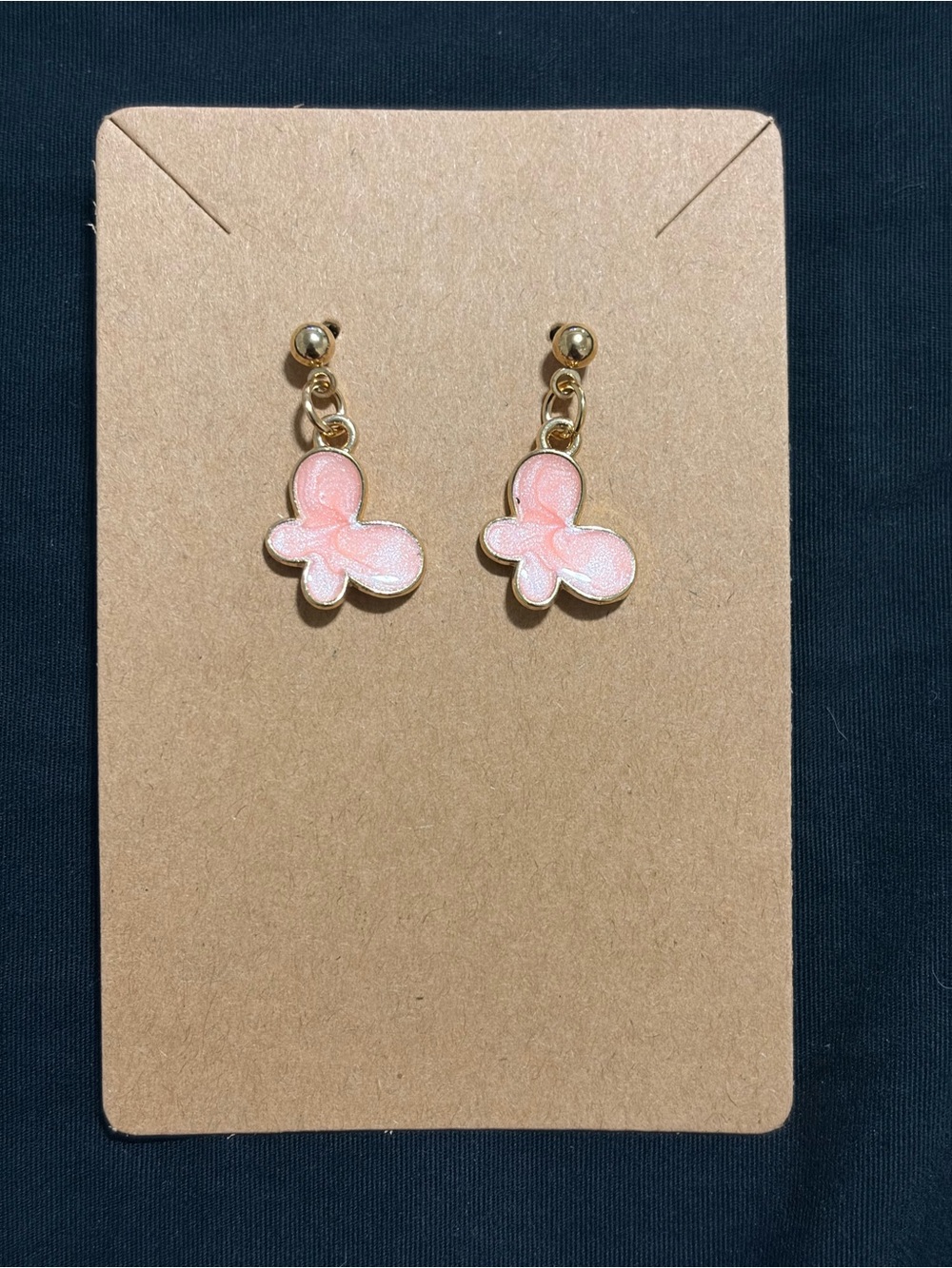 Pink Butterfly Dangle Earrings - Gold Tone